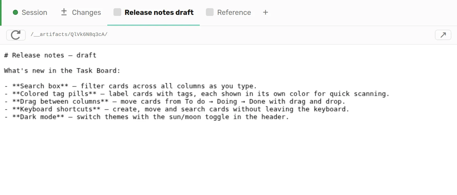One session: Changes, a published artifact and a browser open as tabs next to the chat.