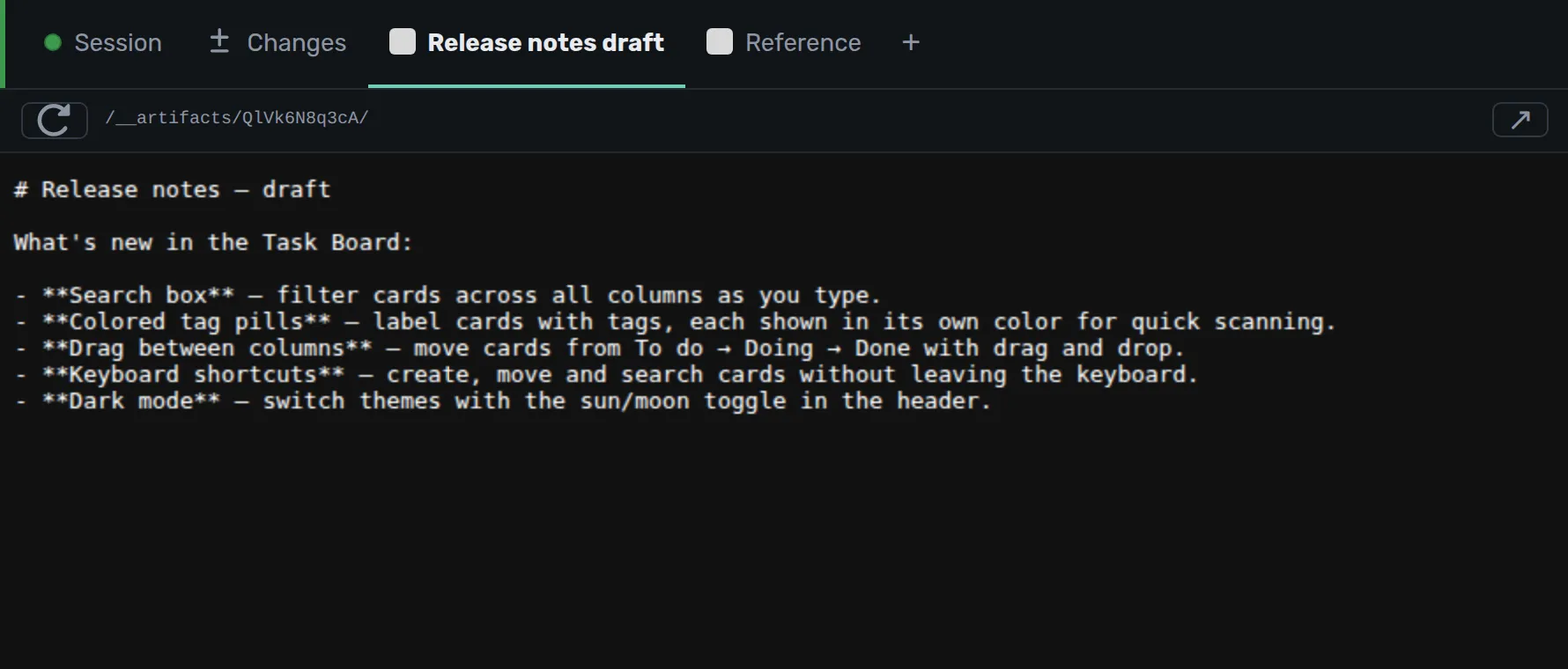 One session: Changes, a published artifact and a browser open as tabs next to the chat.